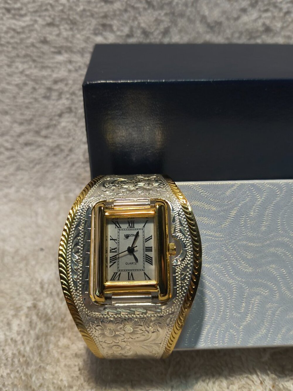 Montana Silversmiths Cuff Watch Silver Flower Filigree Gold New Bat Mint !! +Box